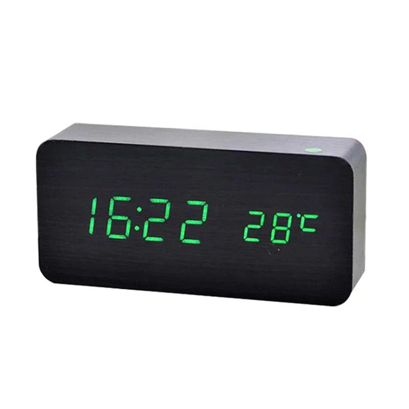 Digital Wooden Alarm Clock with LED Display and Temperature Black green LED NaLani