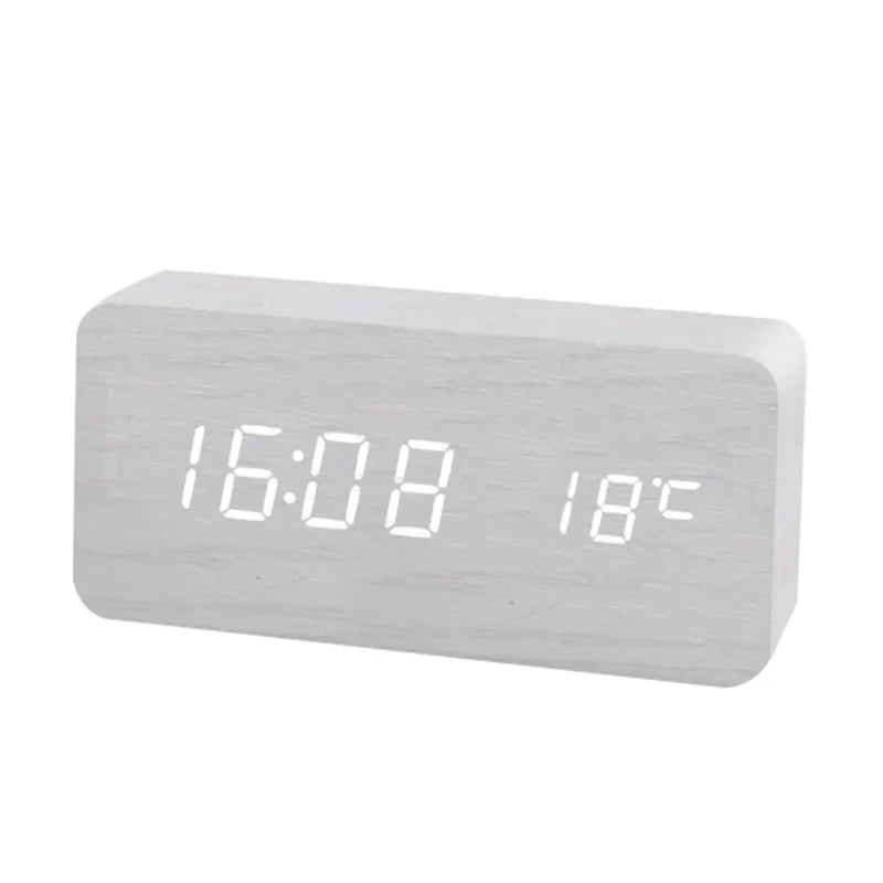 Digital Wooden Alarm Clock with LED Display and Temperature White NaLani