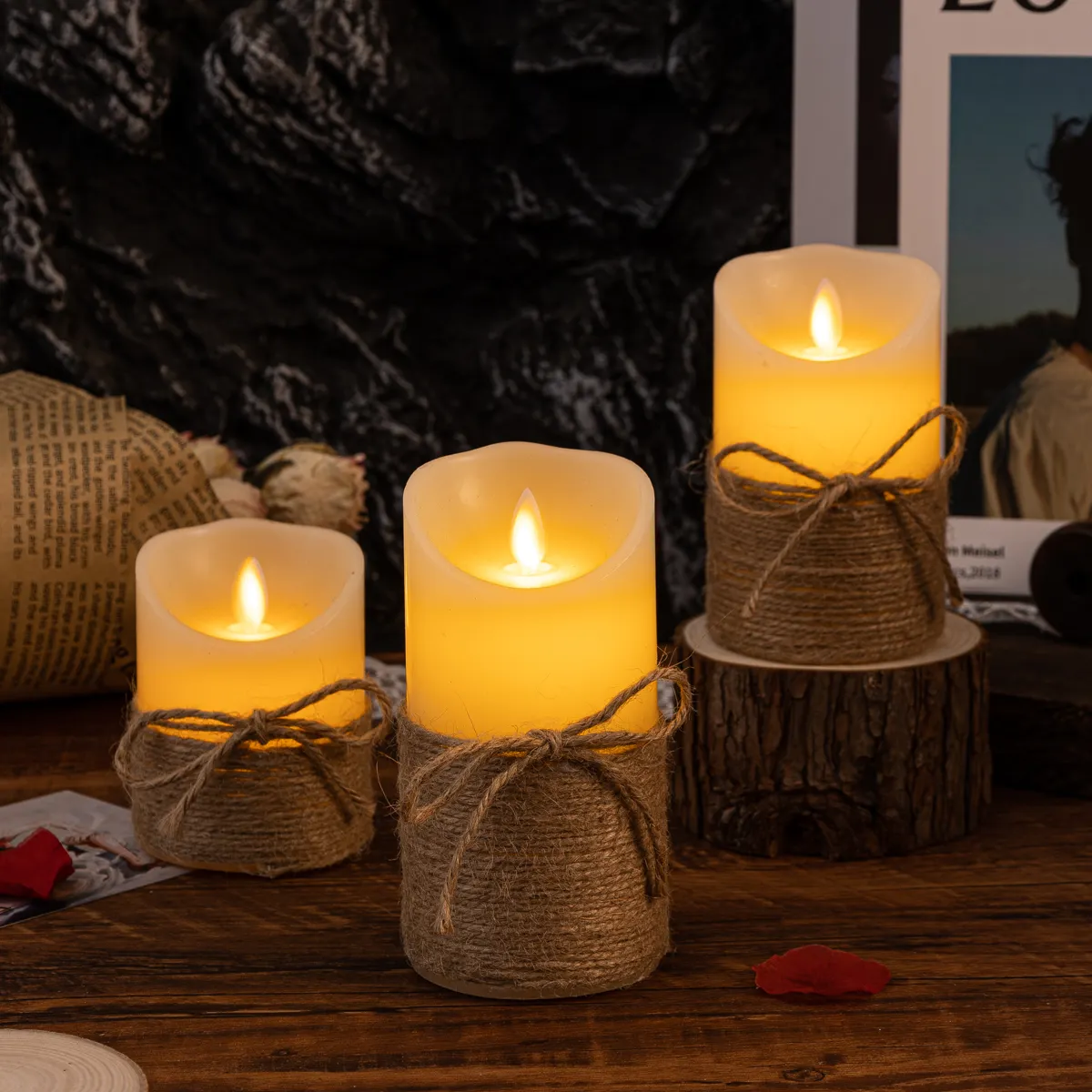 Elegant Flameless Block Candles for Cozy Ambiance and Décor Rope-Wrapped Candles - 3 pieces NaLani