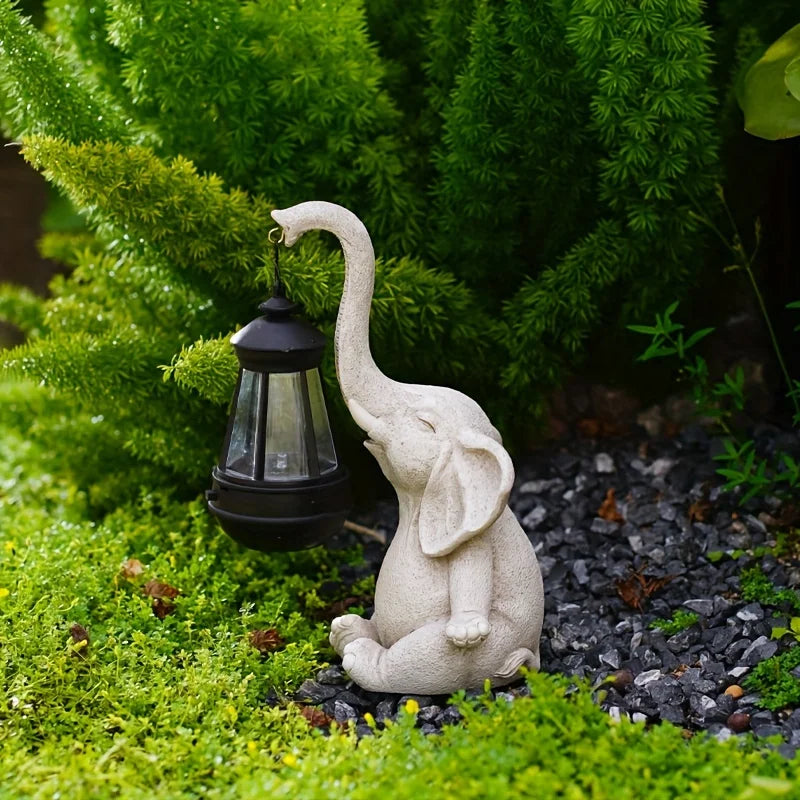 Elephant Solar Garden Lantern Ornament Decorative Accent White NALANI