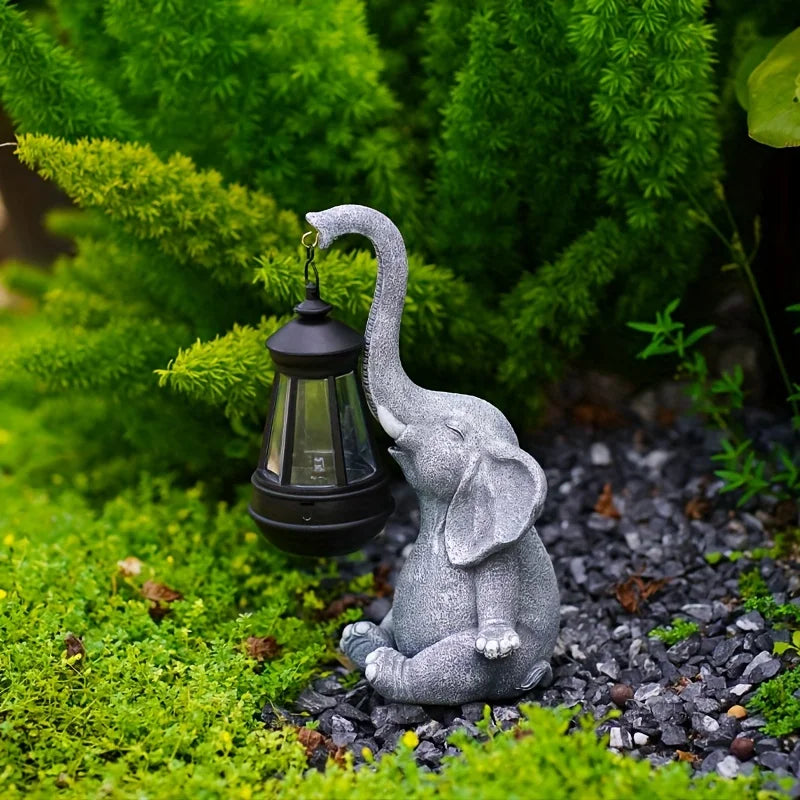 Elephant Solar Garden Lantern Ornament Decorative Accent Gray NALANI