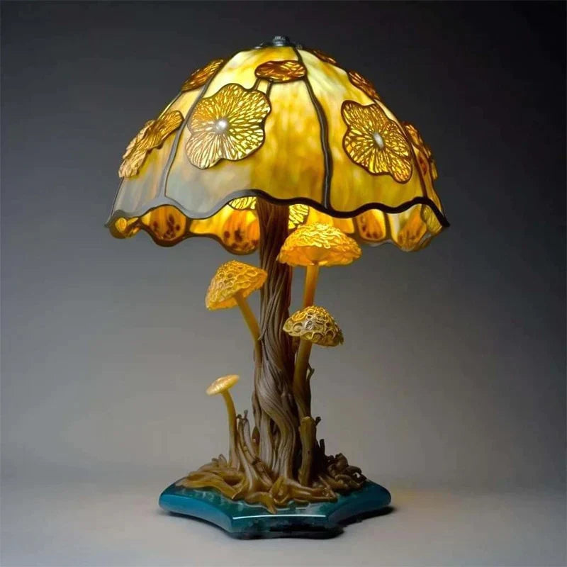 Enchanting Stained Glass Lamp For Calming Bedroom Glow Gold Mushroom NALANI
