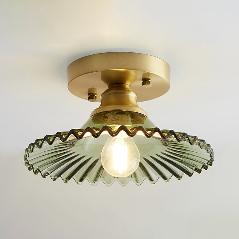 Flared Semi Flush Mount Light with Ribbed Clear Green Glass NaLani