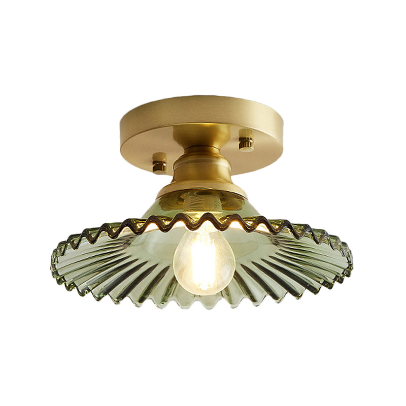 Flared Semi Flush Mount Light with Ribbed Clear Green Glass NaLani