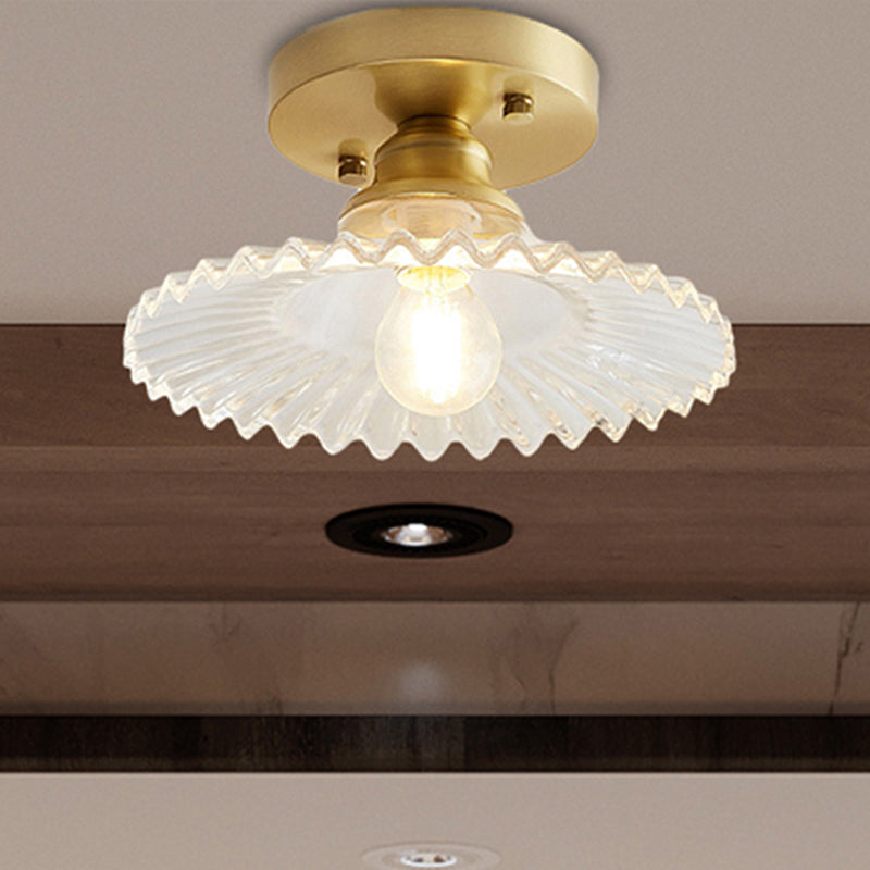 Flared Semi Flush Mount Light with Ribbed Clear Green Glass NaLani