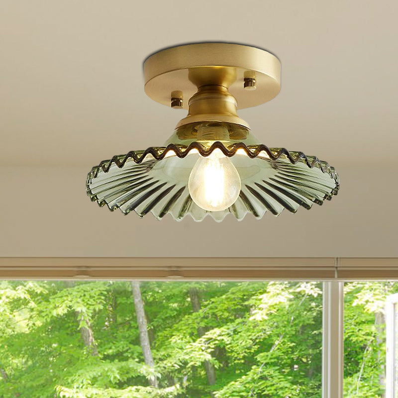 Flared Semi Flush Mount Light with Ribbed Clear Green Glass NaLani