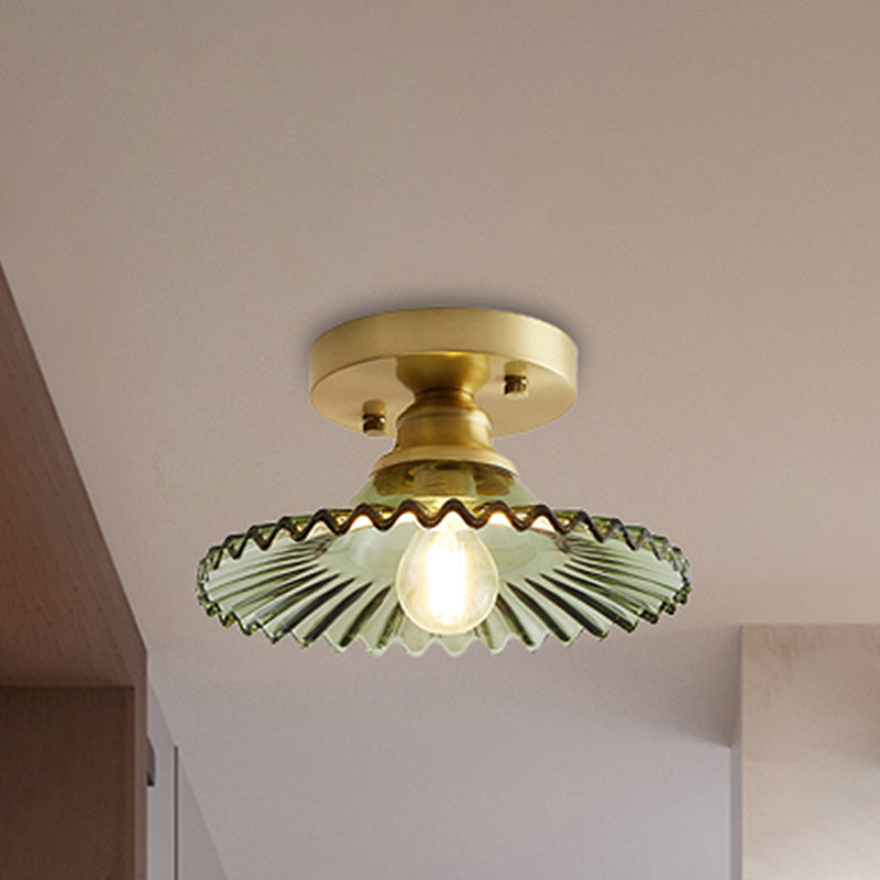 Flared Semi Flush Mount Light with Ribbed Clear Green Glass Green NaLani