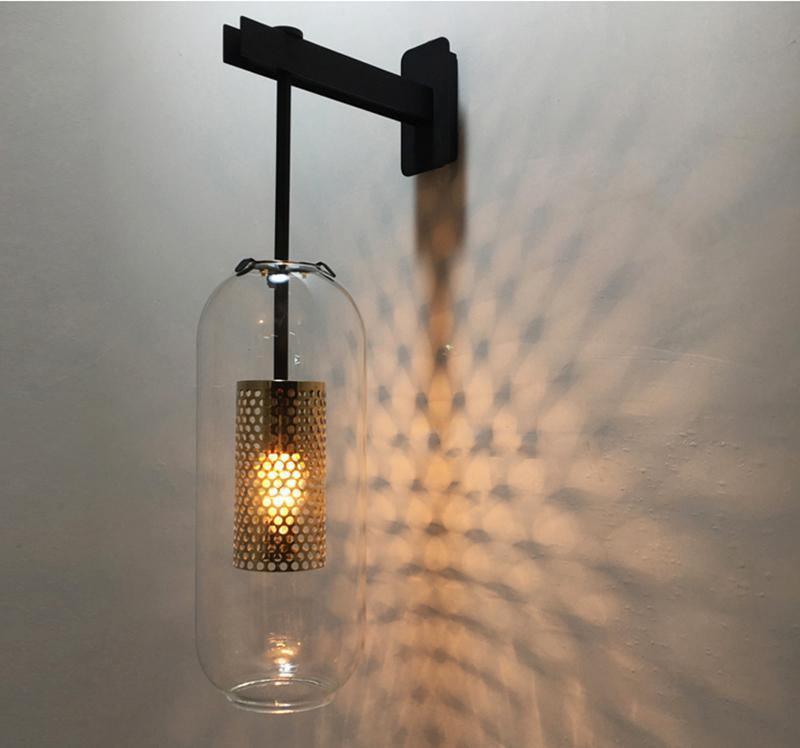 Glass Wall Lamp With Perforated Cage And Sleek Steel Rod NALANI