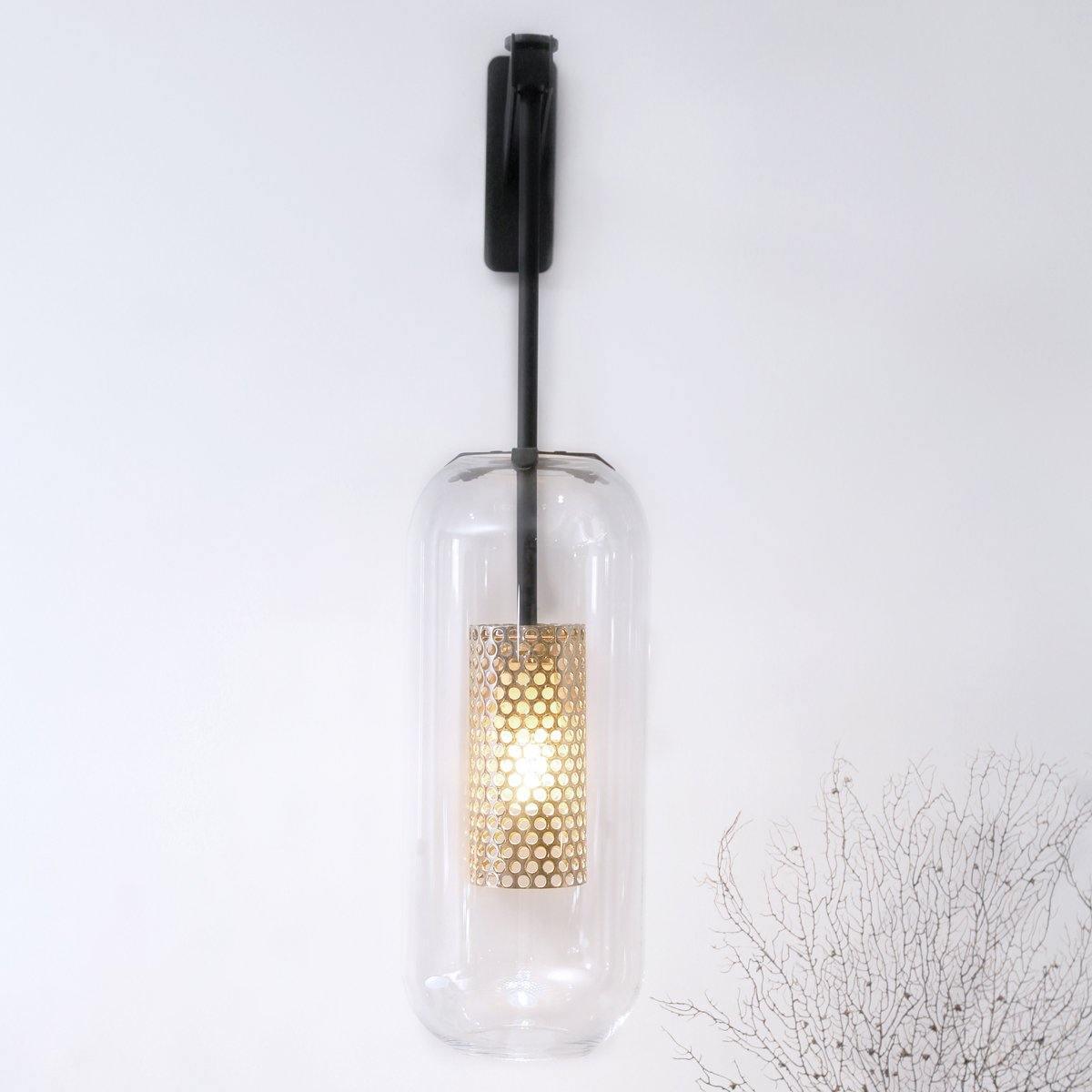 Glass Wall Lamp With Perforated Cage And Sleek Steel Rod NALANI