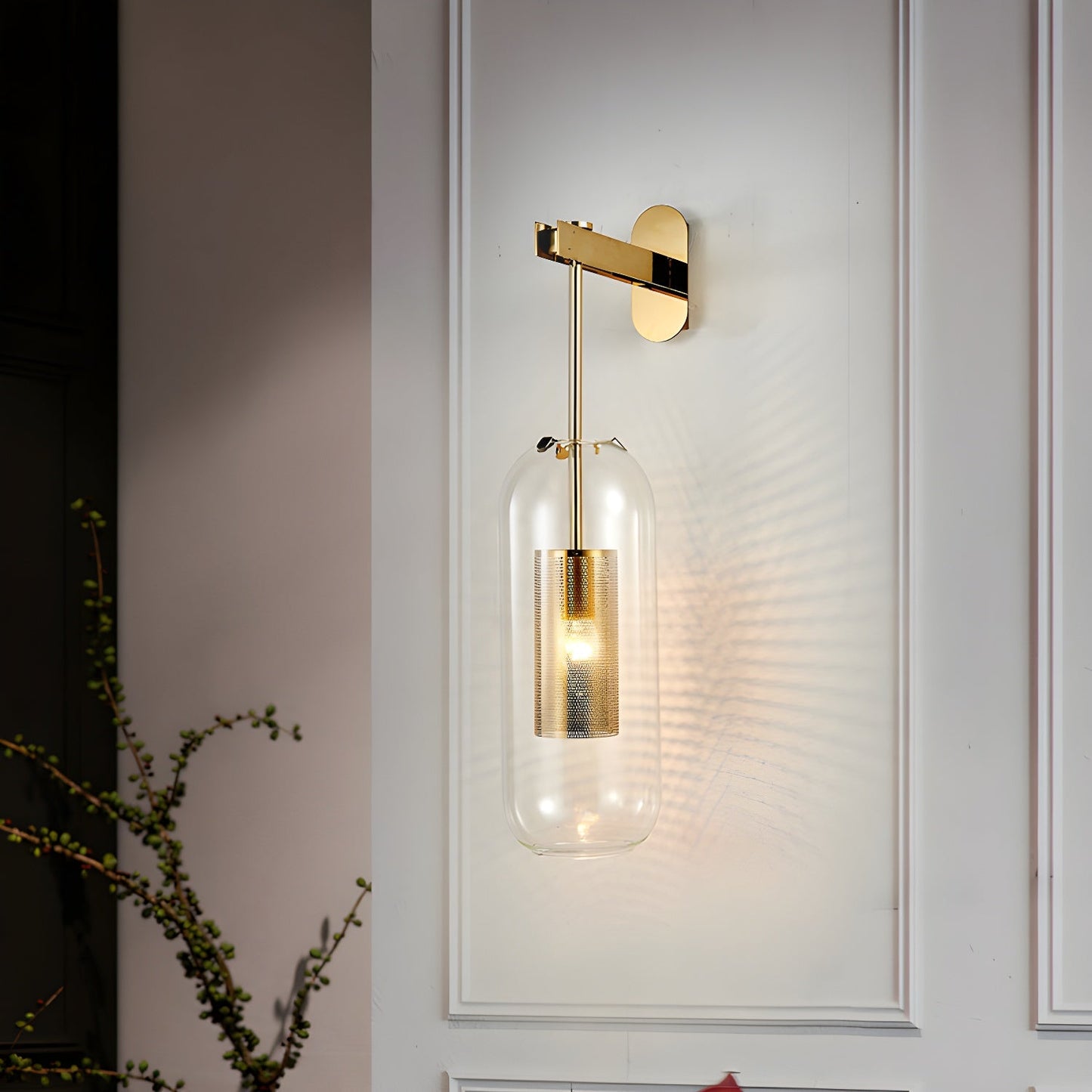 Glass Wall Lamp With Perforated Cage And Sleek Steel Rod NALANI
