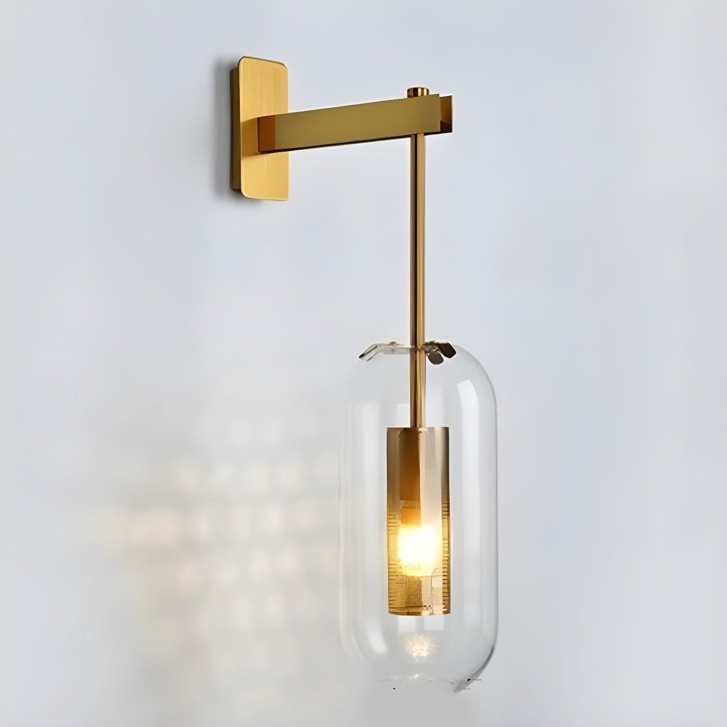 Glass Wall Lamp With Perforated Cage And Sleek Steel Rod ∅ 9.8″ x H 23.6″ Dia 25cm x H 60cm Gold & Clear glass NALANI