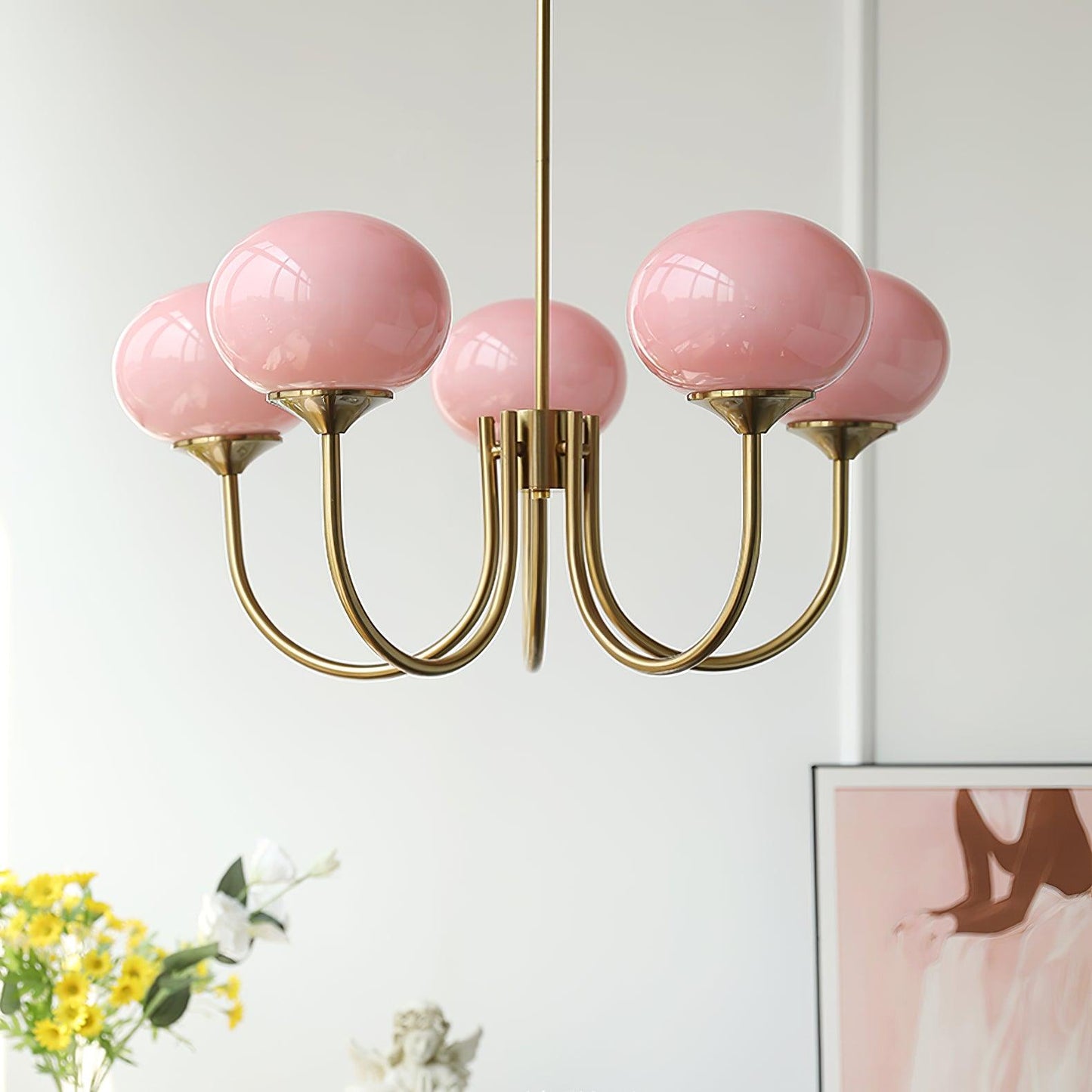 Gold Finish Marshmallow Chandelier With Pink Glass Shades NALANI