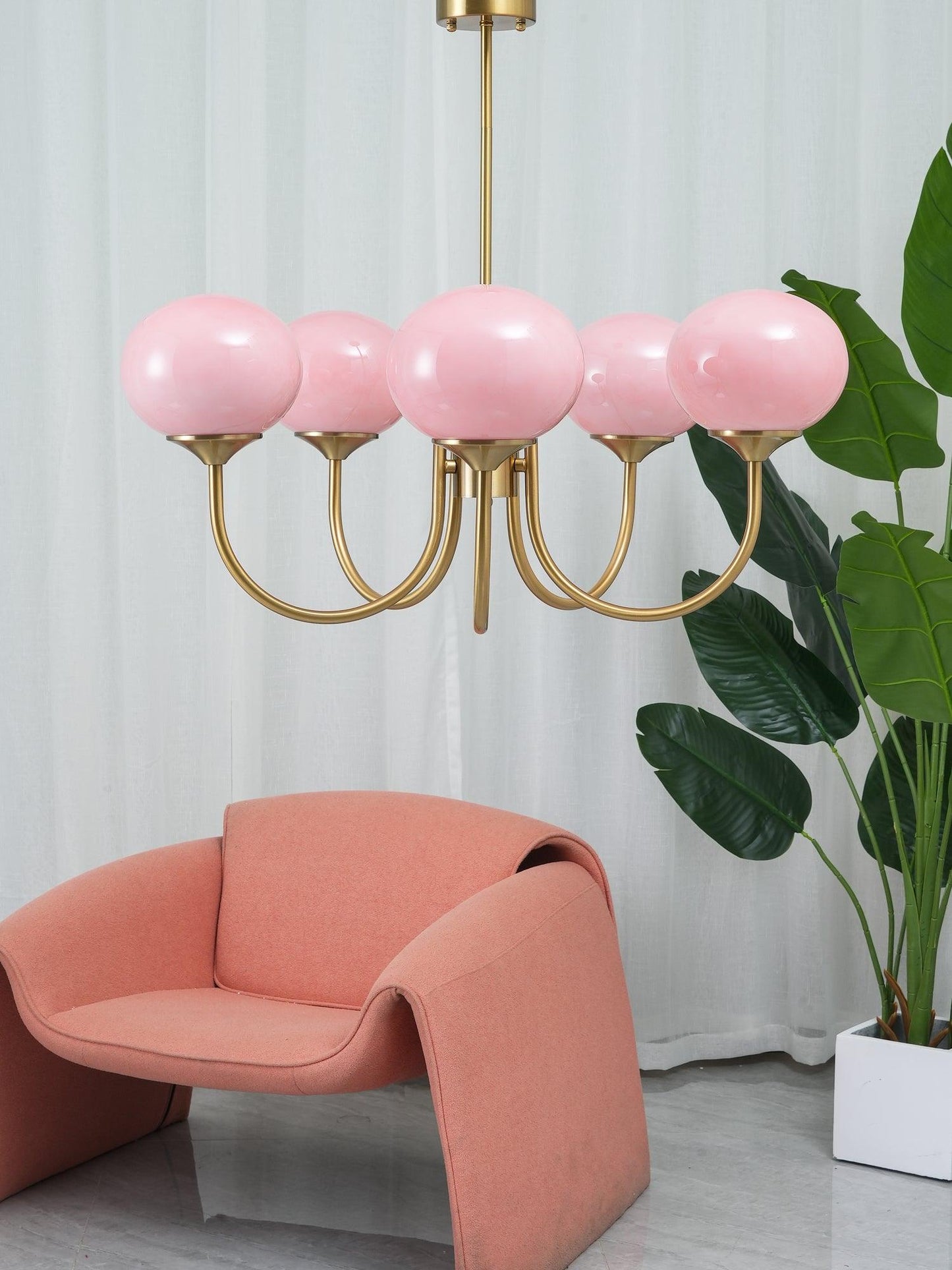 Gold Finish Marshmallow Chandelier With Pink Glass Shades NALANI
