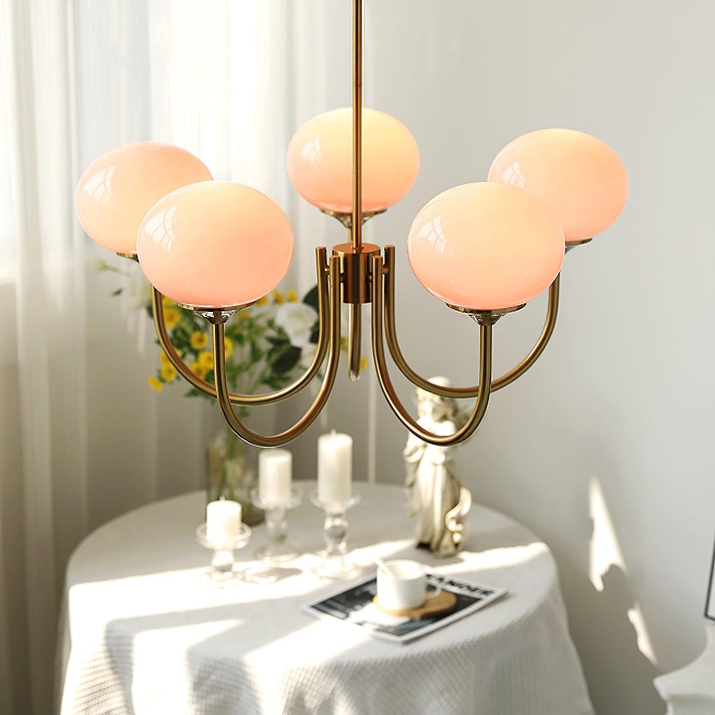 Gold Finish Marshmallow Chandelier With Pink Glass Shades NALANI