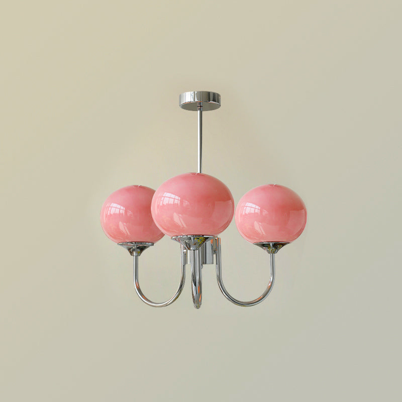 Gold Finish Marshmallow Chandelier With Pink Glass Shades 3 heads ∅ 18.1″ x H 13.4″ Dia 46cm x H 34cm Chrome++Pink NALANI