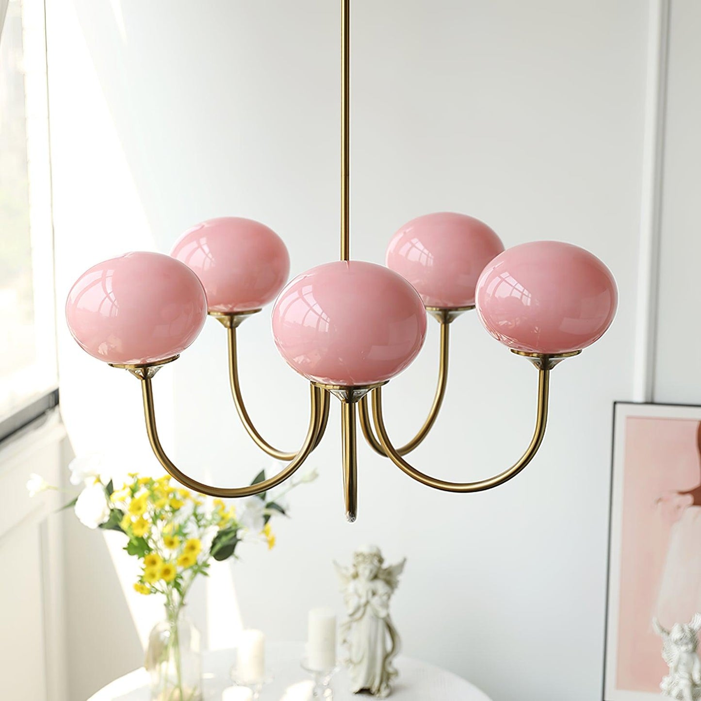 Gold Finish Marshmallow Chandelier With Pink Glass Shades NALANI