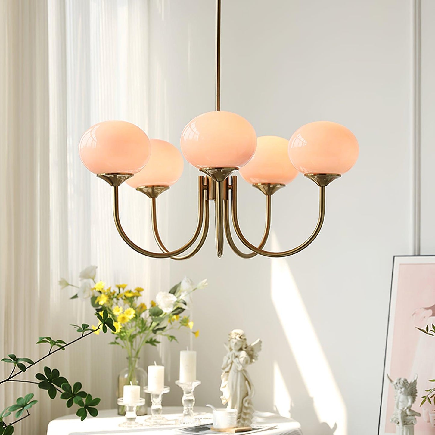 Gold Finish Marshmallow Chandelier With Pink Glass Shades NALANI