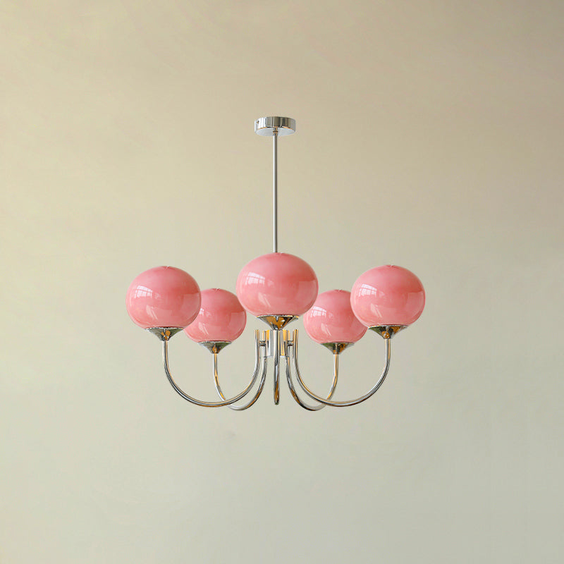 Gold Finish Marshmallow Chandelier With Pink Glass Shades 5 heads ∅ 26.4″ x H 13.4″ Dia 67cm x H 34cm Chrome++Pink NALANI