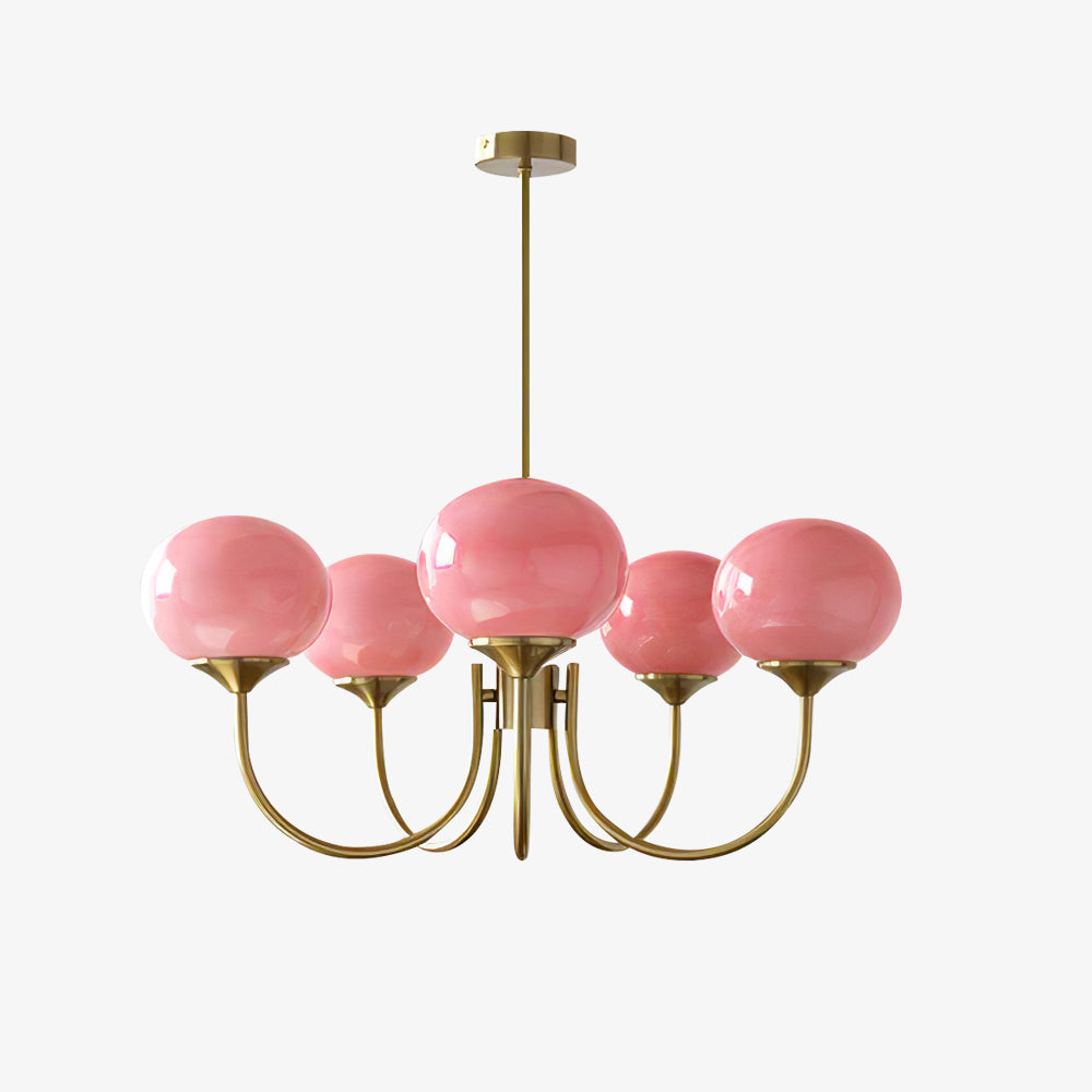 Gold Finish Marshmallow Chandelier With Pink Glass Shades 5 heads ∅ 26.4″ x H 13.4″ Dia 67cm x H 34cm Copper+Pink NALANI