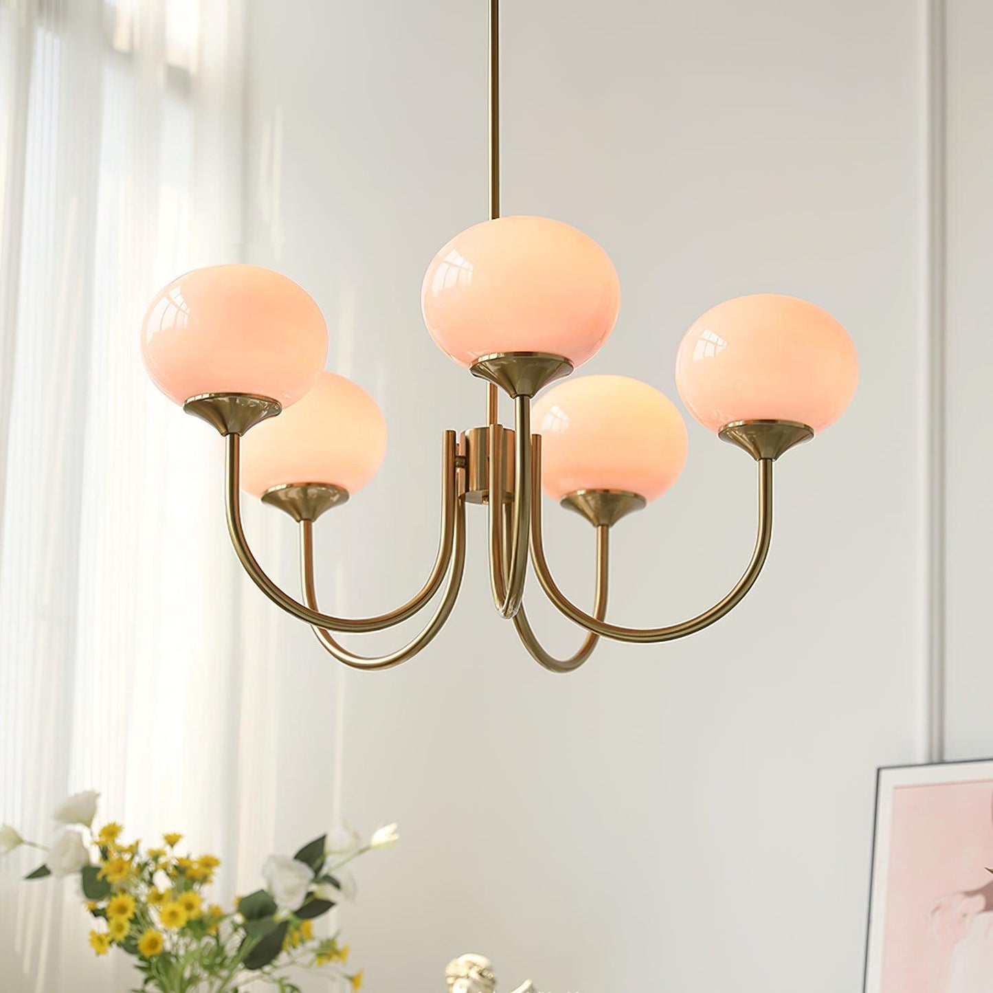 Gold Finish Marshmallow Chandelier With Pink Glass Shades NALANI