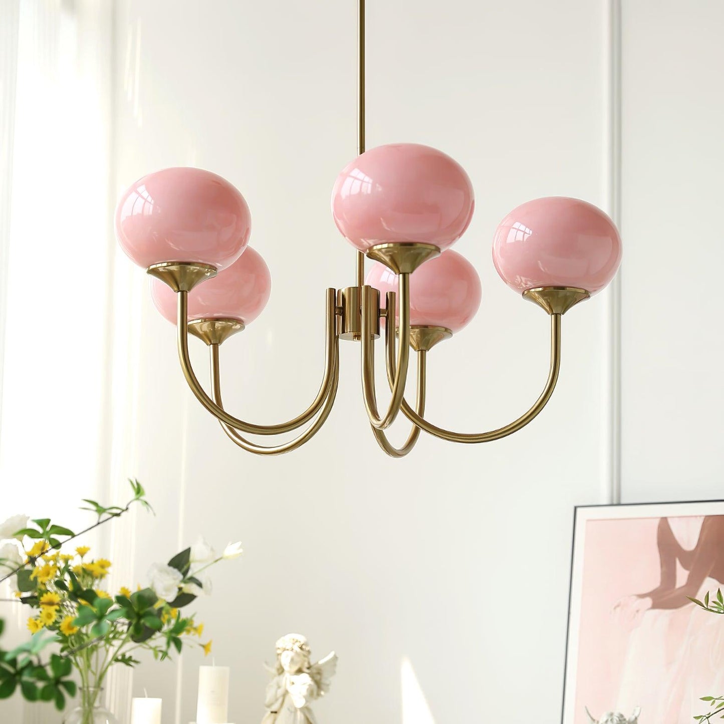 Gold Finish Marshmallow Chandelier With Pink Glass Shades NALANI
