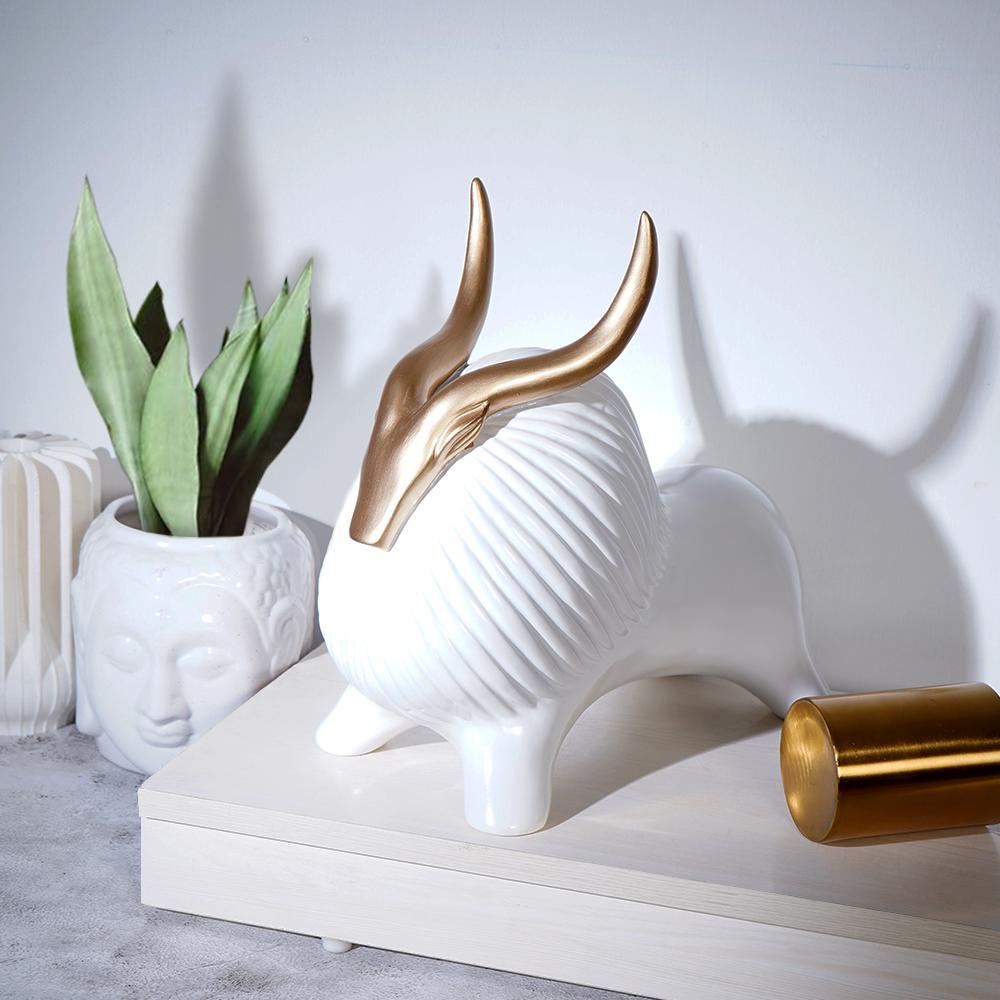 Golden Horned Yak Table Accent for Modern Home Decor White NaLani