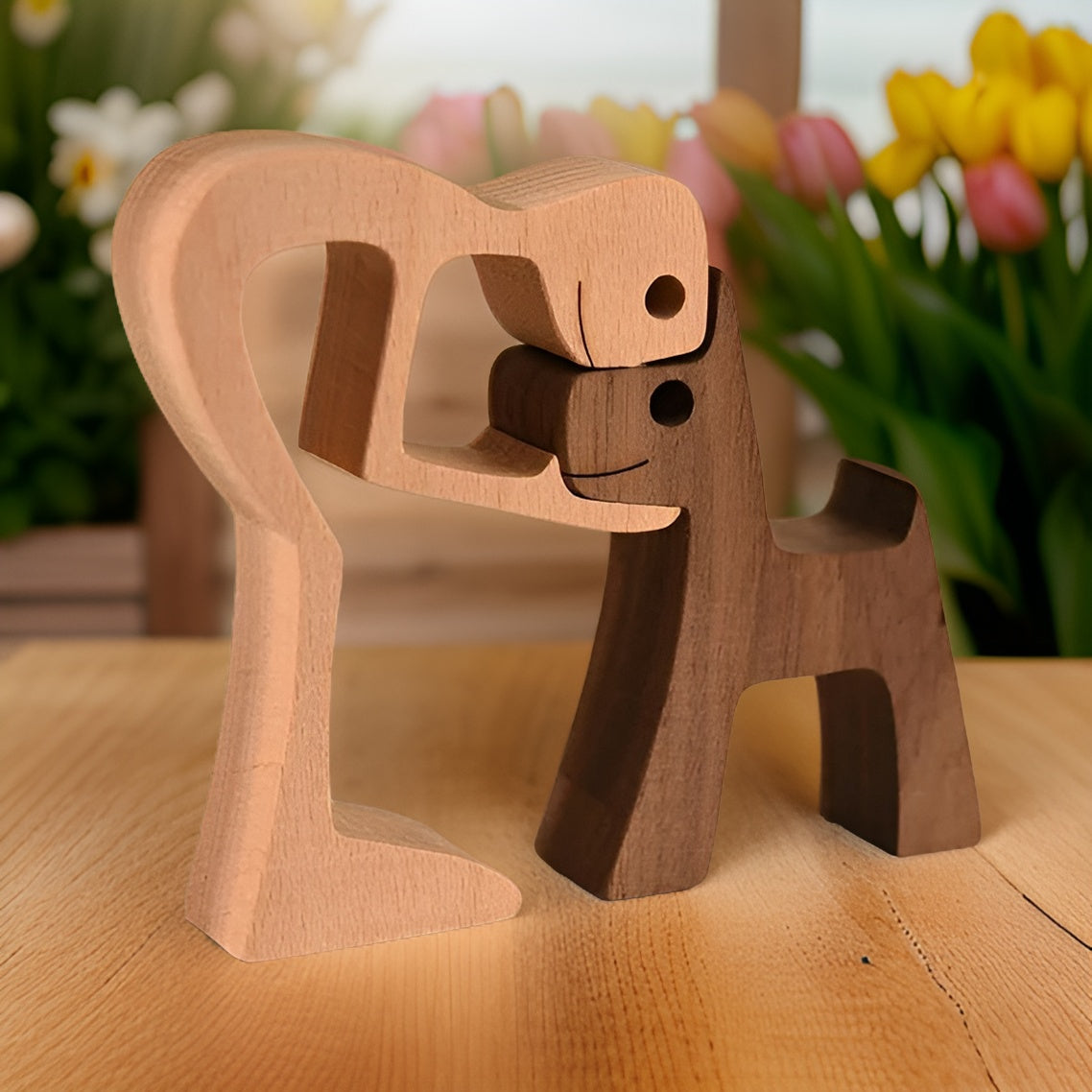 Wooden Sculpture Symbolizing Bond Between Dogs and Humans Man and puppy NALANI