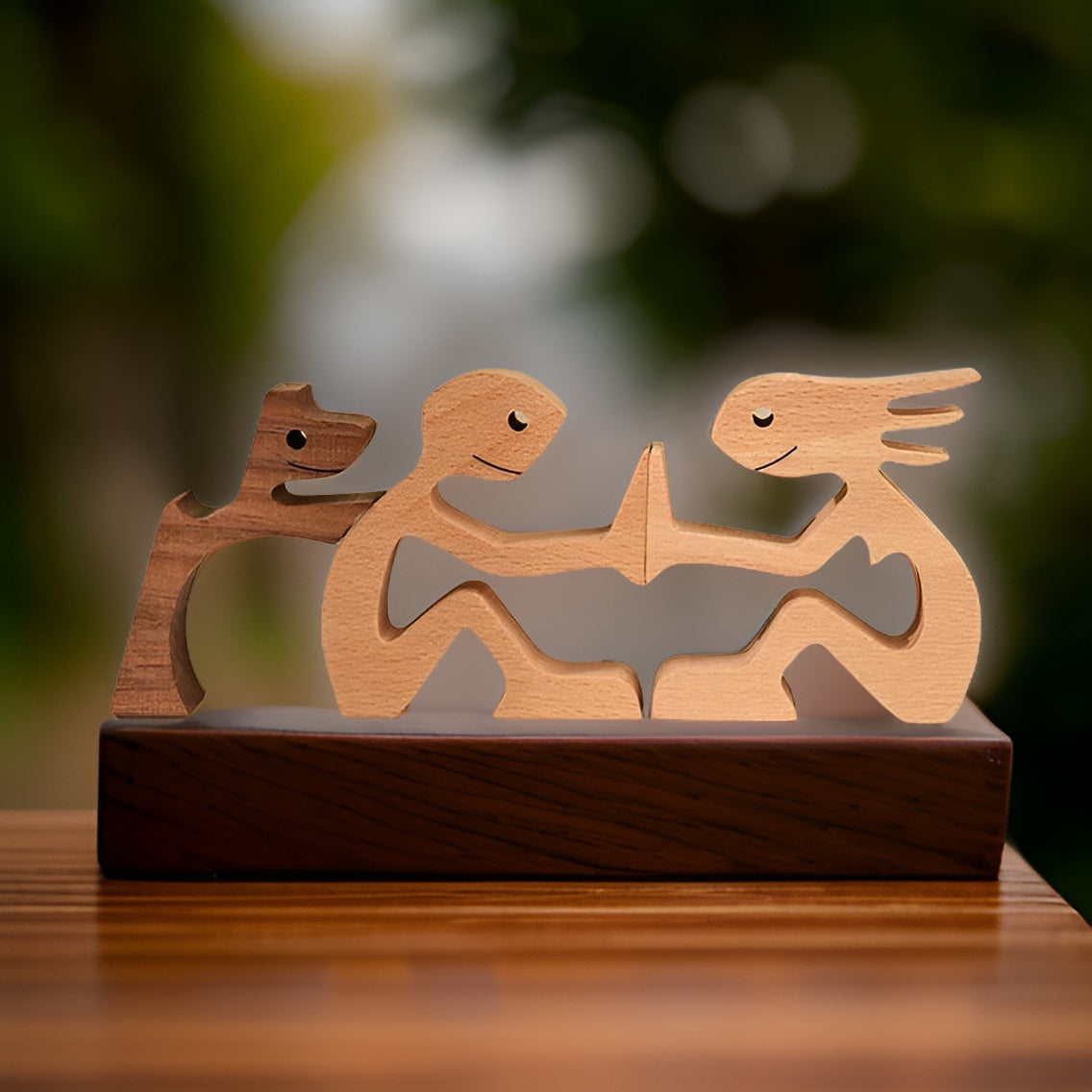 Wooden Sculpture Symbolizing Bond Between Dogs and Humans Family NALANI
