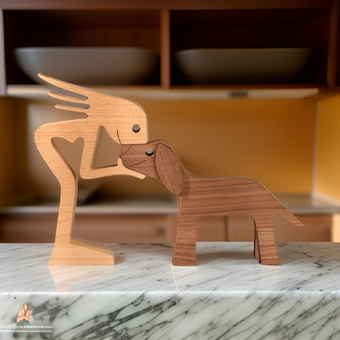 Wooden Sculpture Symbolizing Bond Between Dogs and Humans Woman and dog NALANI