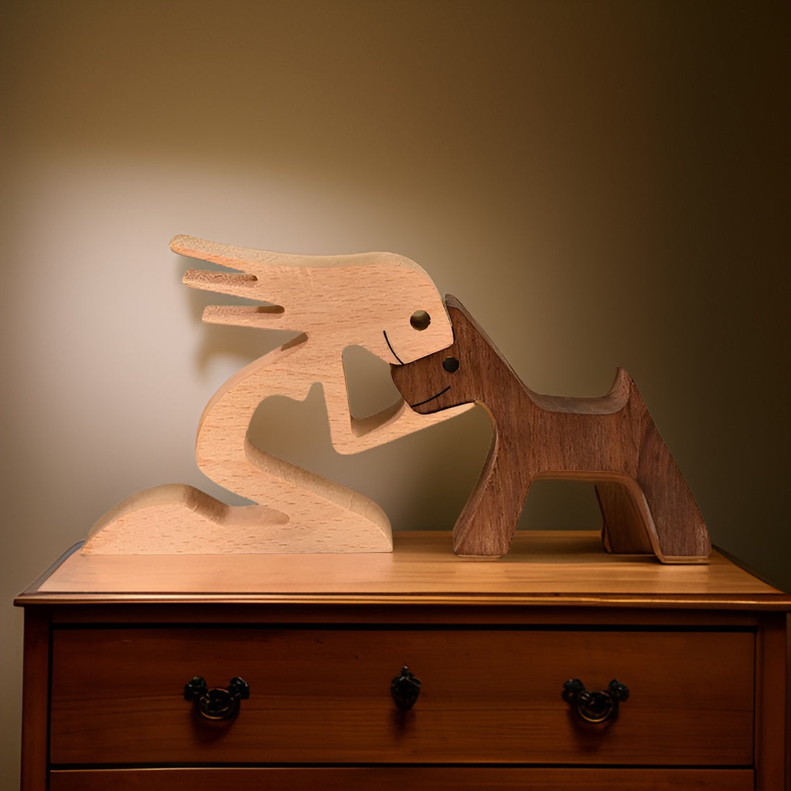Wooden Sculpture Symbolizing Bond Between Dogs and Humans Woman and puppy NALANI