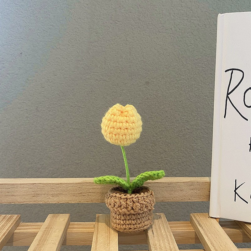 Crochet Flower Pot Decoration With Ceramic Base Yellow Tulip NALANI