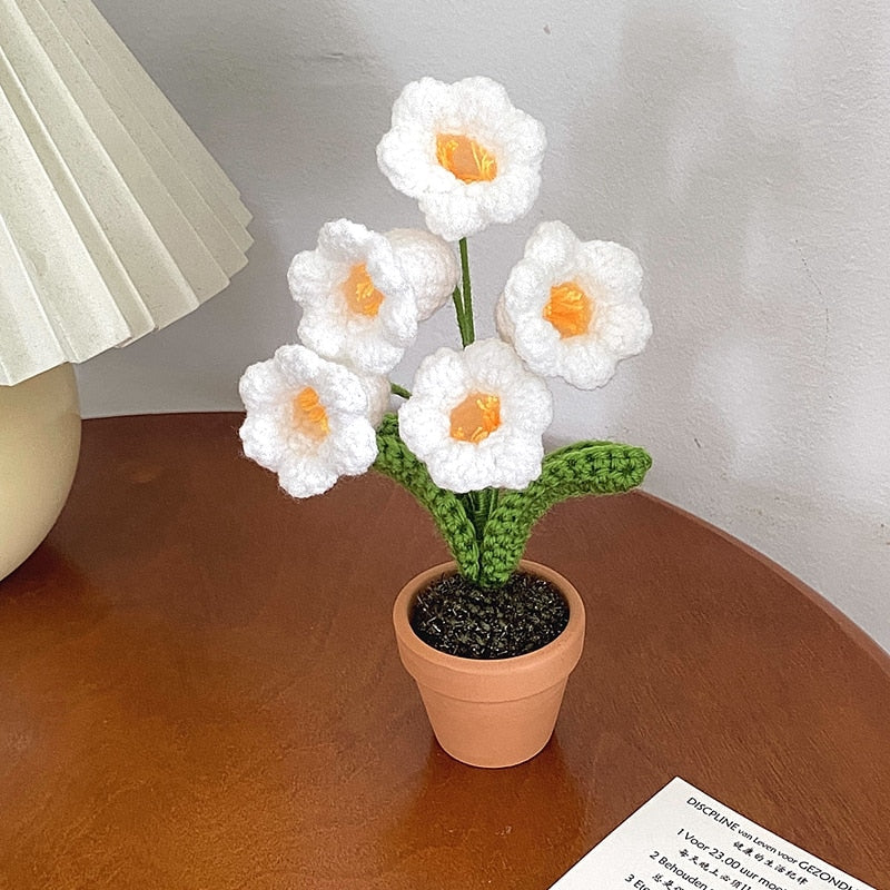 Crochet Flower Pot Decoration With Ceramic Base White NALANI