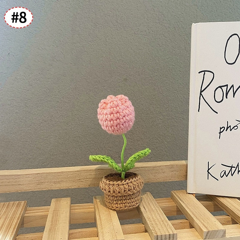 Crochet Flower Pot Decoration With Ceramic Base Pink Tulip NALANI