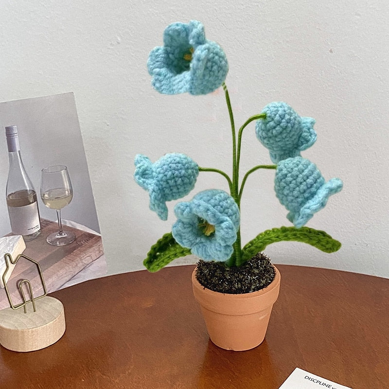 Crochet Flower Pot Decoration With Ceramic Base Blue NALANI