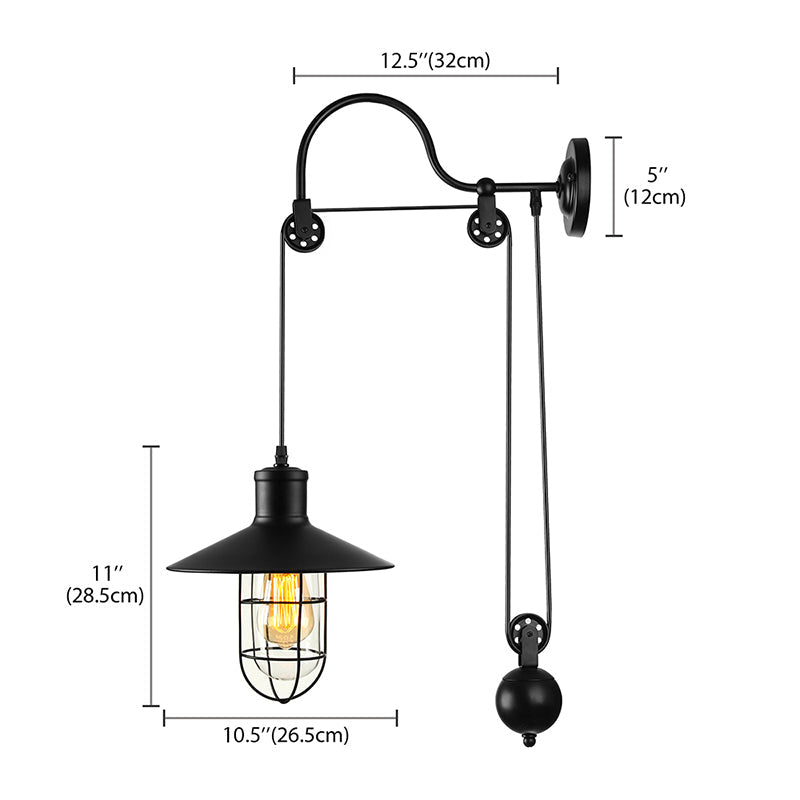 Industrial Black Wall Sconce Glass Cage With Pulley NALANI