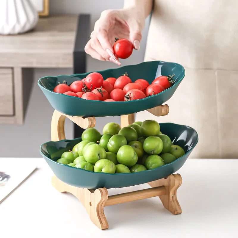 Layered Wooden Fruit Bowl Oval Kitchen Serving Plate Green 2 layers NALANI