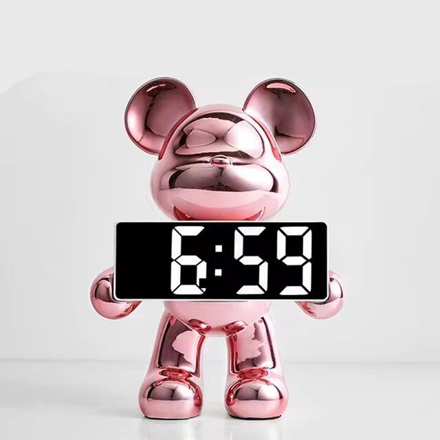Modern Teddy Bear Shape Digital Clock for Home Decor Chrome Pink NaLani