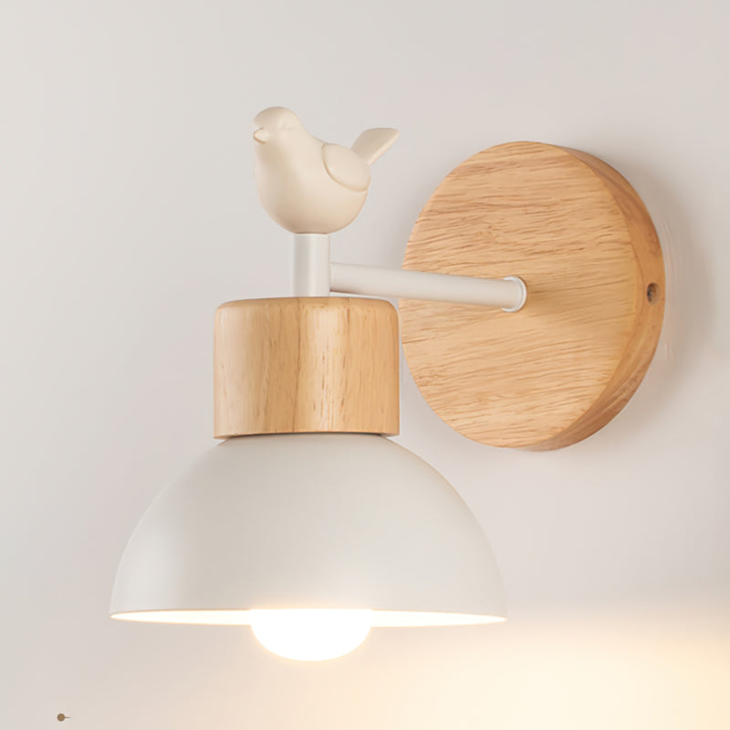 Nature Inspired Bird Wall Lamp With Wooden Metal Finish Model A ∅ 5.9″ x H 7.5″ Wood color & White NALANI