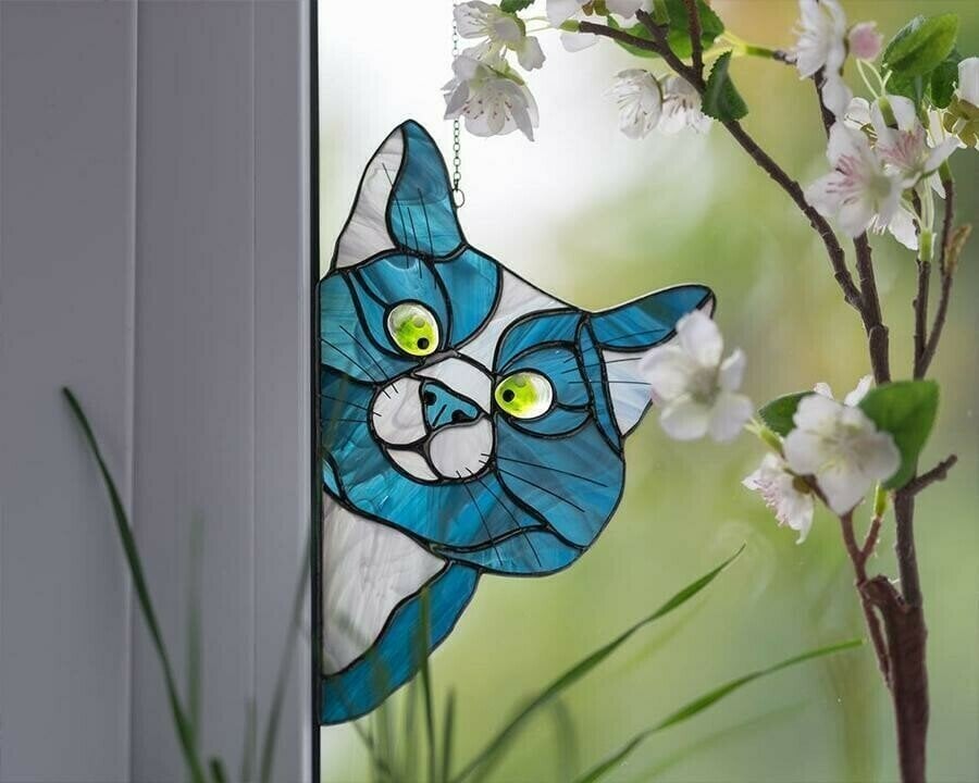 Peeking Cat Window Hanging Decor For Cozy Home Accent Blue NALANI