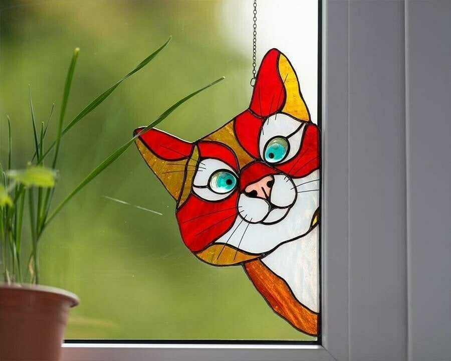 Peeking Cat Window Hanging Decor For Cozy Home Accent Red NALANI