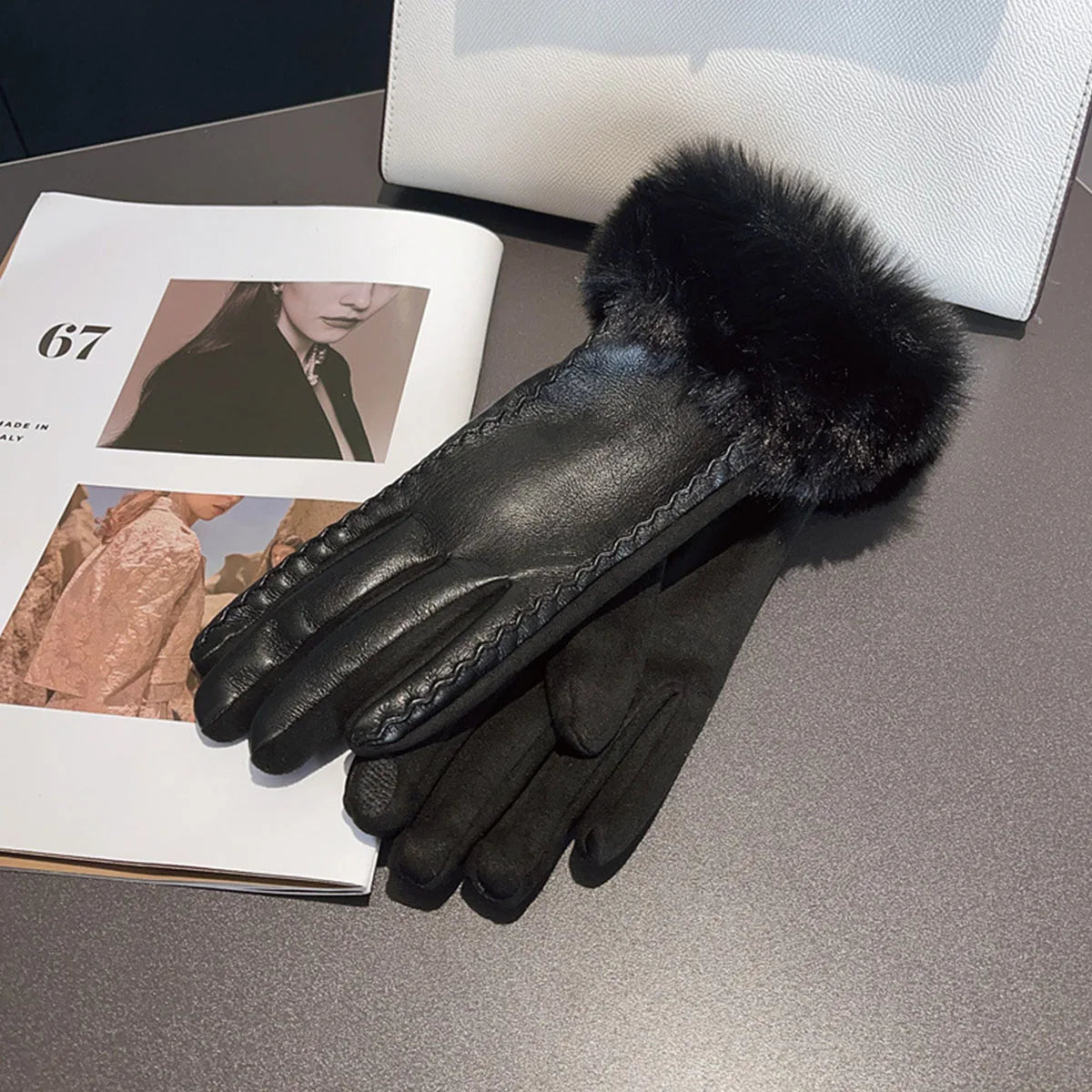 Premium PU Faux Leather Gloves For Women Winter Warmth Black NALANI