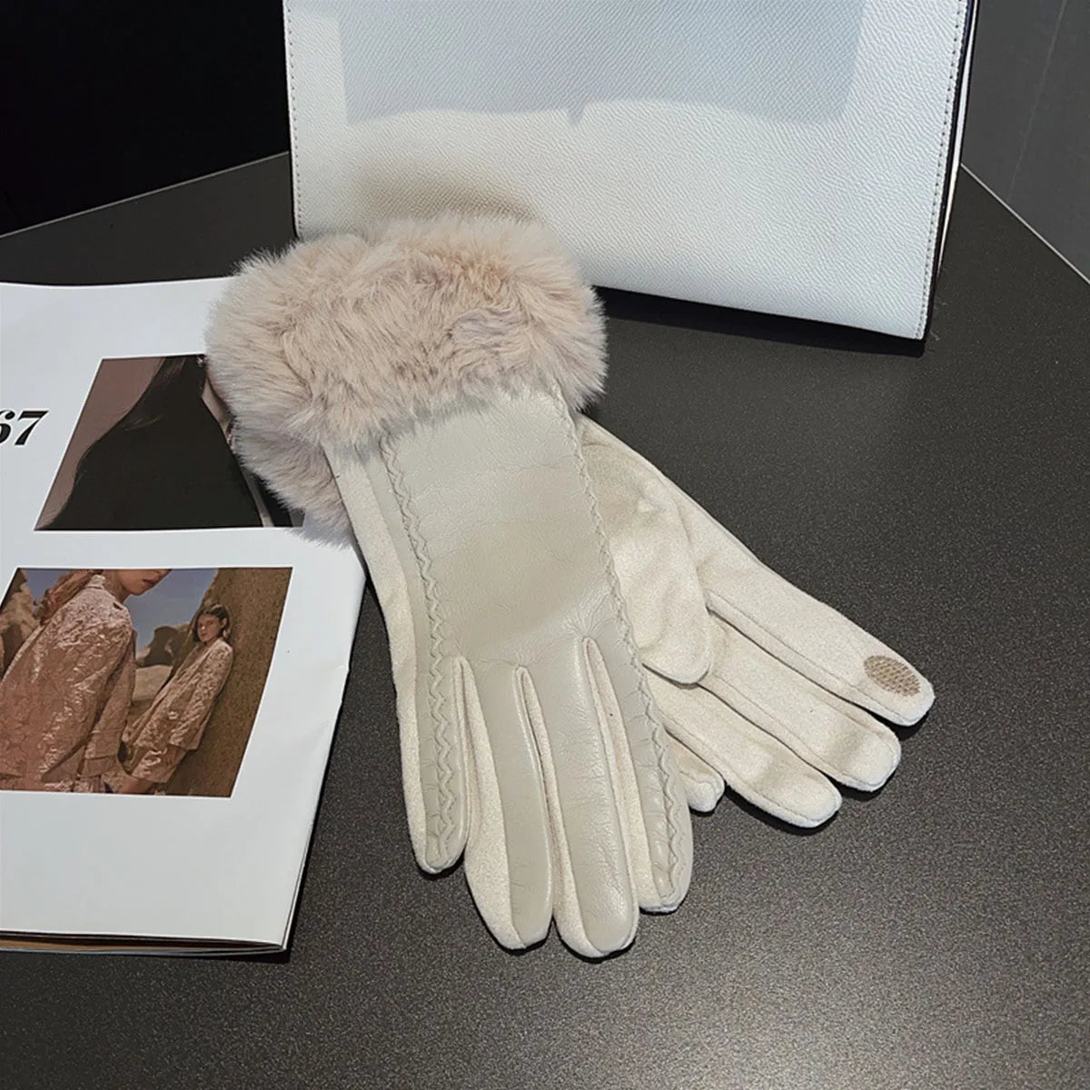 Premium PU Faux Leather Gloves For Women Winter Warmth White NALANI
