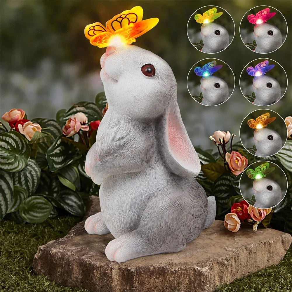 Rabbit Garden Statue with LED Butterfly Light Weatherproof Decor SEREIN