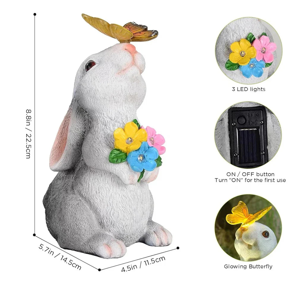 Rabbit Garden Statue with LED Butterfly Light Weatherproof Decor SEREIN