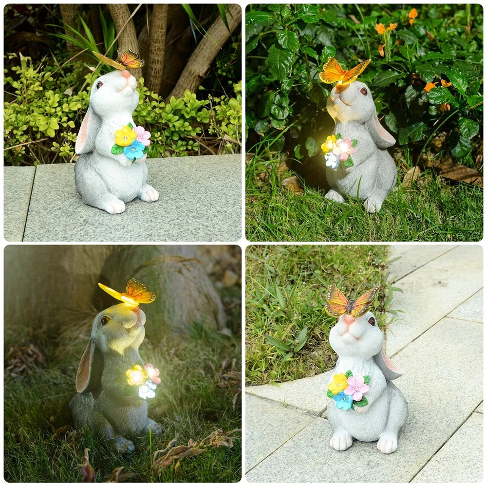 Rabbit Garden Statue with LED Butterfly Light Weatherproof Decor SEREIN