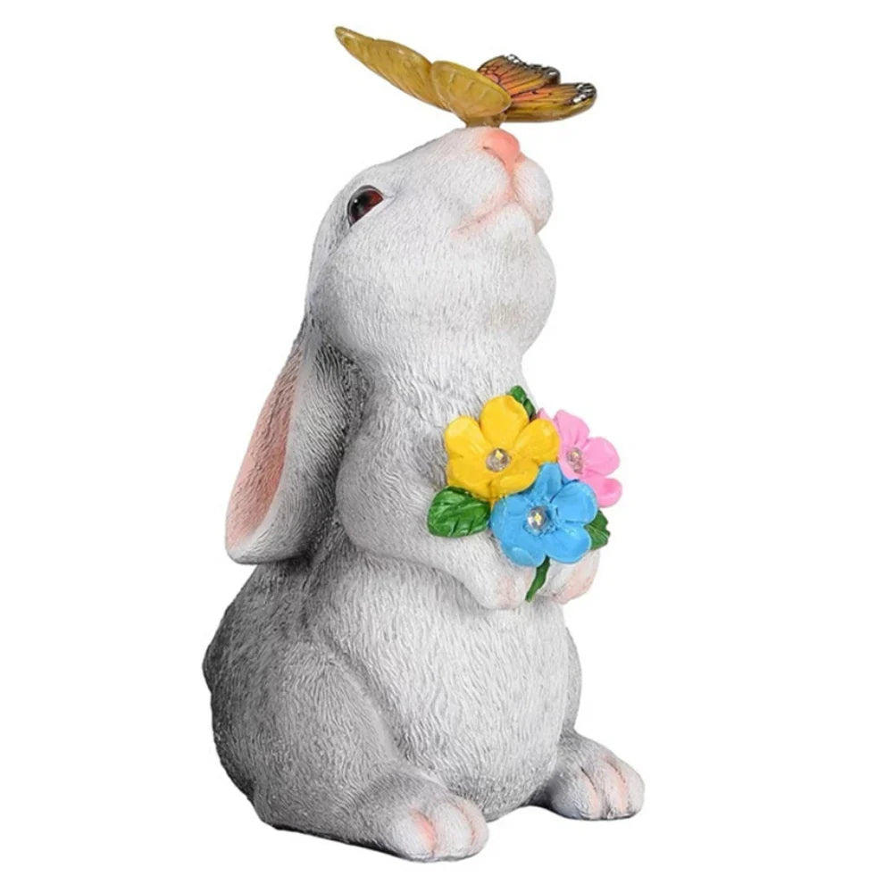 Rabbit Garden Statue with LED Butterfly Light Weatherproof Decor Bunny Flower SEREIN