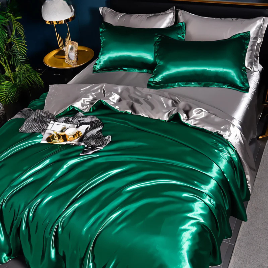 Silk Duvet Cover Breathable Luxury For Ultra Soft Comfort Green Silver NALANI