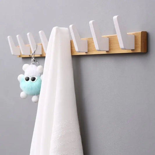 Solid Wood Wall Rack with 5 Hooks for Hall and Bedroom Decor Beige White | 6 hooks NaLani