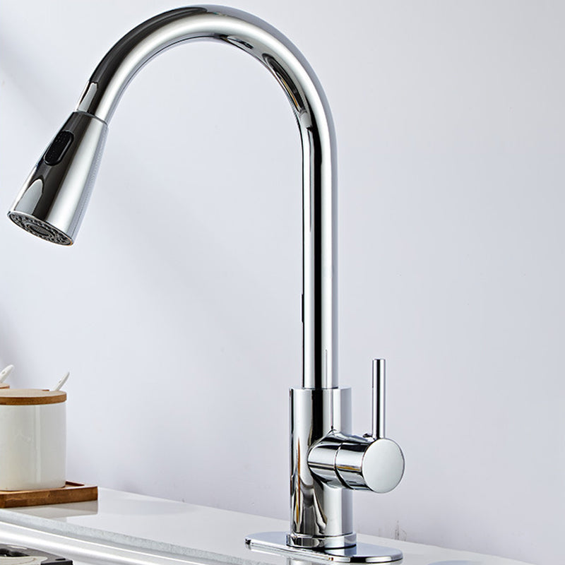 Stainless Steel Bridge Faucet With Pull Down Sprayer Silver Gooseneck High Arc NALANI