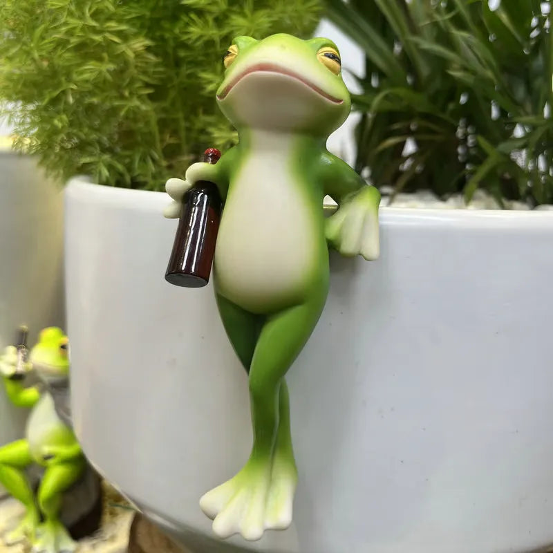 Tipsy Frog Plant Pot Decor With Wine Glass Charm Garden Bottle Frog NALANI